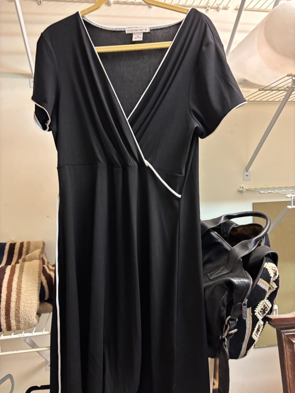 Notations Black Midi Wrap Dress with White Trim